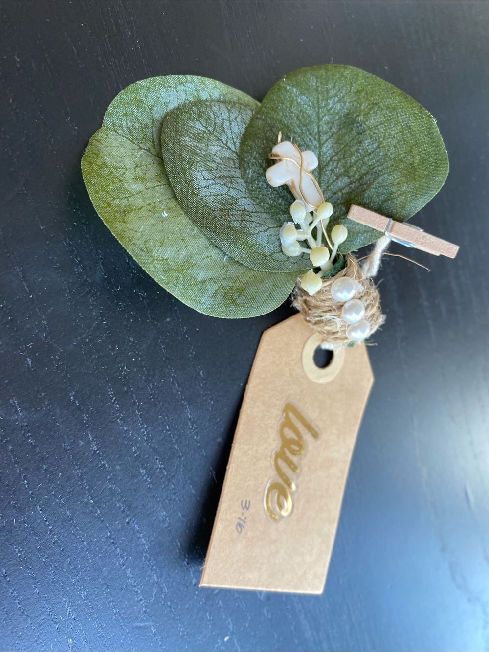 NWT CUSTOM EUCALYPTUS STONE CROSS  BOUTONNIERES - NEW CREATIONS DESIGN BY KM